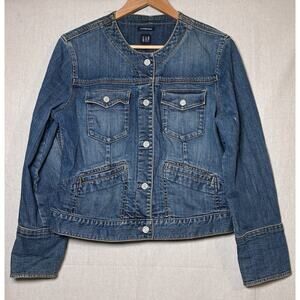GAP Y2K Denim Jacket Womens Large Collarless Stretch Fitted Utility Vintage 2004